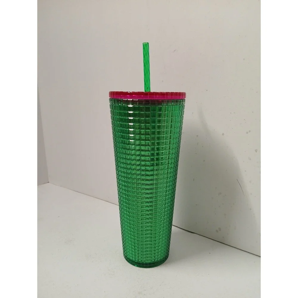 STARBUCKS STUDDED GREEN 24 OZ‎ TUMBLER CUP RED LID  Holiday Christmas Watermelon